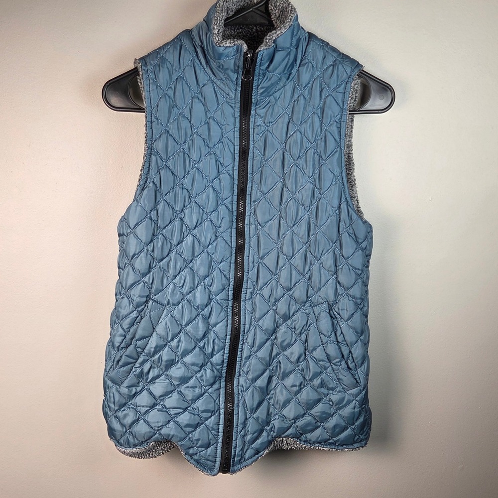 Simply Southern Reversible Vest Womens Small Blue Good Quilted Sherpa Fleece Zip